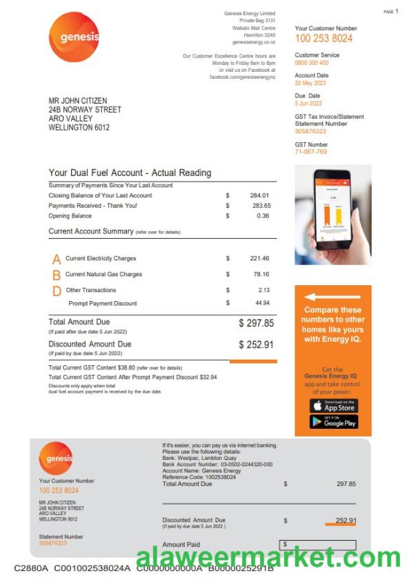 New Zealand Genesis Gas utility bill template in Word and PDF format, 3 pages 3